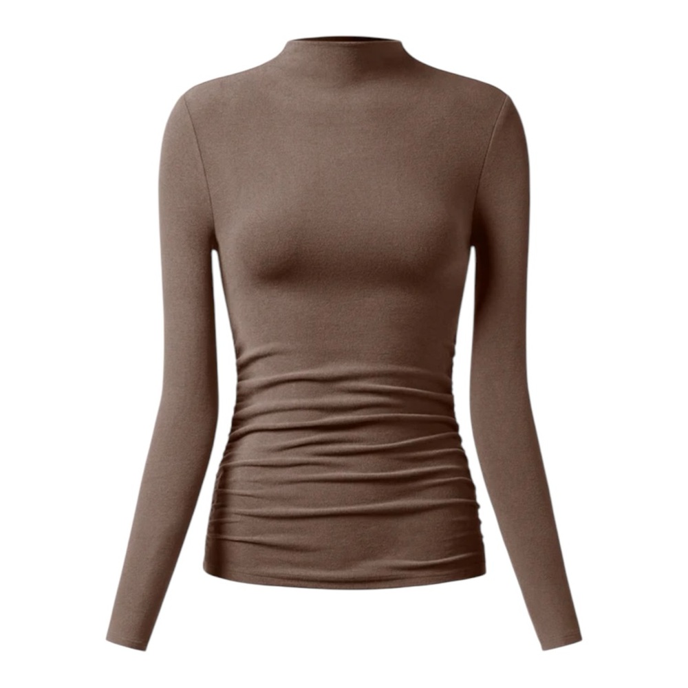 OGL Brown Mid Thermal Thermal Ruched Sides Tuckable Mockneck Top Womens Size M
